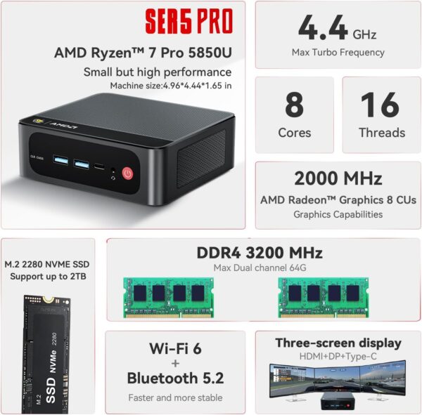 Beelink SER5 Pro Mini PC, AMD Ryzen 7 5850U(7nm, 8C/16T) up to 4.4GHz, Mini Computer 16GB DDR4 RAM 1TB NVME SSD, Micro PC 4K@60Hz Triple Display, Mini Gaming Computer WiFi6/BT5.2/54W/HTPC/W-11 Pro - Image 4