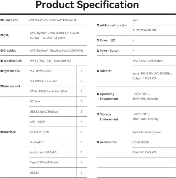 Beelink SER5 Pro Mini PC, AMD Ryzen 7 5850U(7nm, 8C/16T) up to 4.4GHz, Mini Computer 16GB DDR4 RAM 1TB NVME SSD, Micro PC 4K@60Hz Triple Display, Mini Gaming Computer WiFi6/BT5.2/54W/HTPC/W-11 Pro - Image 10