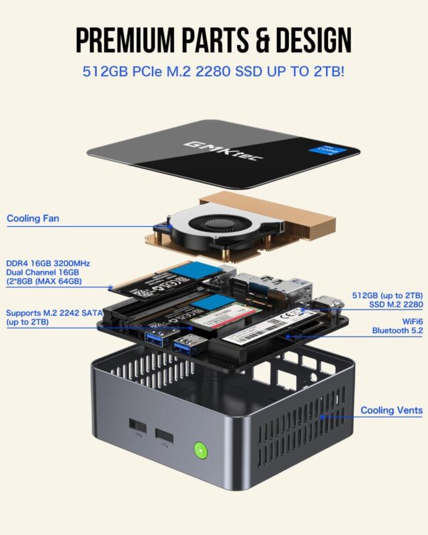 GMKtec Mini Desktop Computer, M3 Intel Core i5 12450H (8C/12T, up to 4.40GHz) Windows 11 Pro Mini PC 16GB DDR4 (8GB*2) 512GB SSD, 2X HDMI 4K, 4X USB 3.2, USB-C, WiFi 6, BT 5.2, RJ45 2.5G Black - Image 8