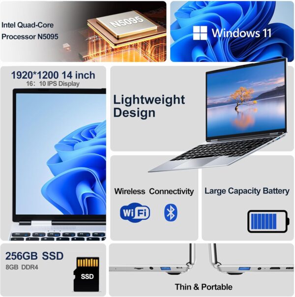 2025 Latest 14'' Laptop Windows 11, 8GB RAM 256GB SSD, Intel N5095 Processor(Max 2.9 GHz), 1080P Full HD Display, TF Card Slot, USB-C, Mini-HDMI, Webcam, WiFi, Bluetooth, Lightweight(Silver) - Image 3