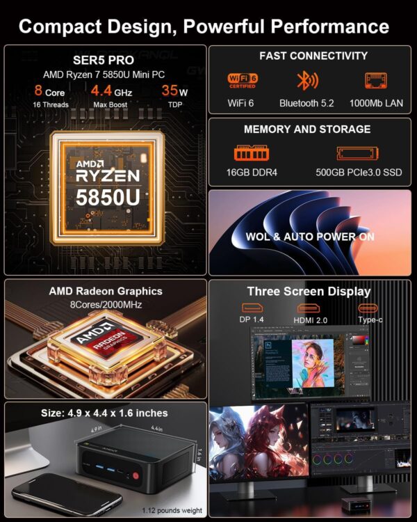 Beelink Mini PC Ryzen 7 5850U (8C/16T, Turbo 4.4GHz), 16GB DDR4 RAM 500GB PCIe3.0 SSD Mini Desktop Computers, SER5 PRO Support 4K@60Hz Triple Display/WiFi 6/BT5.2/DP+HDMI+USB-C/USB3.2/RJ45 LAN - Image 3