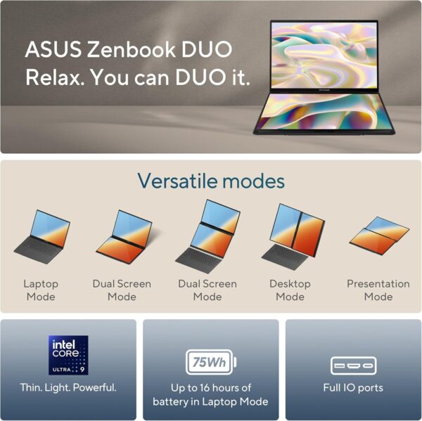 ASUS Zenbook Duo Laptop, Dual 14” OLED 3K 120Hz Touch Display, Intel Evo Certified, Intel Core Ultra 9 285H, Intel Arc Graphics, 32GB RAM, 1TB SSD, Windows 11, Inkwell Gray, UX8406CA-PS99T - Image 3