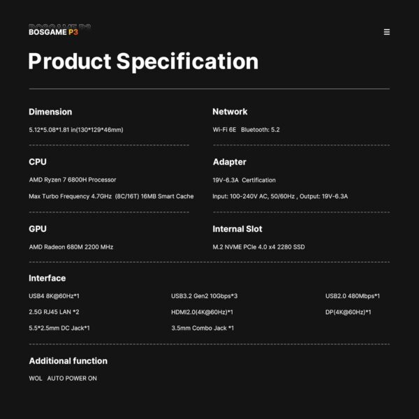 P3 Lite Mini PC Gaming Computers Ryzen 7 6800H, Radeon 680M Graphics, 24GB DDR5 RAM, 1TB PCIe 4.0x4 SSD, Windows 11 Pro,Triple Display (HDMI/DP/USB4),USB4 8K 60Hz,WiFi 6E,BT5.2,Dual 2.5GbE LAN - Image 10