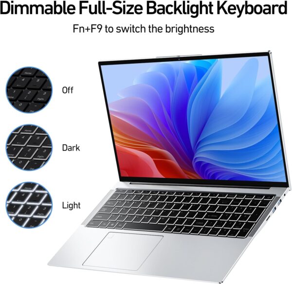 2025 Latest 16'' Full HD Laptop Computer Windows 11, 16GB RAM 512GB PCIe SSD, 12th Gen Intel N95 Processor(Max 3.4GHz), Work Laptop with Backlit KB, Type-C, HDMI, BT, WiFi, Webcam (Silver) - Image 5