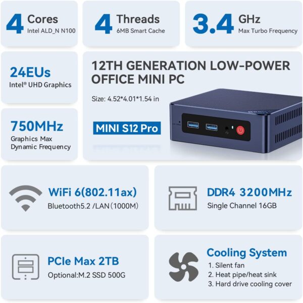 Beelink S12 Pro Mini PC, Intel 12th Gen N100(4C/4T, up to 3.4GHz), 16GB DDR4, 1TB SSD, Mini S12 Computer Support Dual HDMI 4K@60Hz, WiFi 6, BT5.2, NAS, Low Power - Image 3