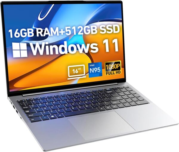 2025 Latest 16'' Full HD Laptop Computer Windows 11, 16GB RAM 512GB PCIe SSD, 12th Gen Intel N95 Processor(Max 3.4GHz), Work Laptop with Backlit KB, Type-C, HDMI, BT, WiFi, Webcam (Silver) - Image 2