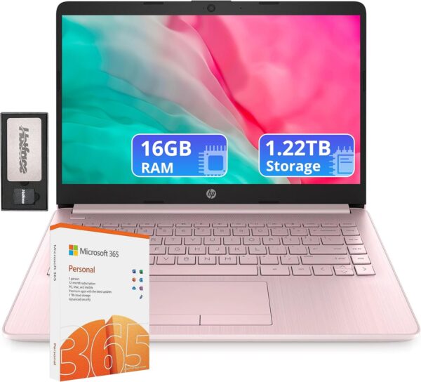 HP Flagship 14" Laptop with 1 Year Office 365 | 16GB RAM | 1.22TB Storage(64GB eMMC & 160GB Docking Station & 1TB Cloud Storage) | Intel 4-Core Processor| Webcam | Wi-Fi | Windows 11 | Pink - Image 2