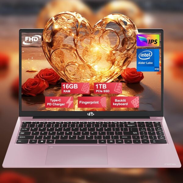 NIMO 15 FHD IPS Laptop Computer, Valentine's Day Limited Edition, 16GB RAM, 1TB SSD, 4-Core Intel Pentium N100 (Beat to i3-1115G4, Up to 3.4GHz), Backlit Keyboard, Fingerprint, Win 11, Rose Gold - Image 2