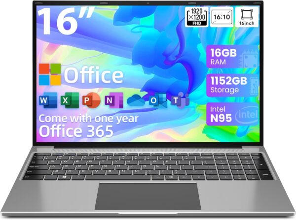 jumper Laptop, Office 365, N95 CPU(Up to 3.4GHz), 16GB RAM 1152GB Storage, Laptop Computer with 16 Inch FHD IPS Display(1920x1200), 38WH Battery, 2.4G+5G WiFi, BT4.0, 2 Speakers, Numeric Keypad. - Image 2