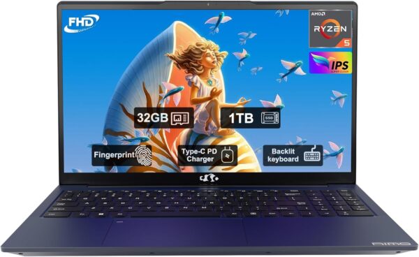 15.6" FHD IPS Business Laptop, 32GB RAM 1TB SSD, AMD Ryzen 5(Beat i3-1215U, 4 Cores Up to 3.7GHz), 65W Type-C, 2 Years Warranty, Fingerprint, Backlit Keyboard, Wi-Fi 5, BT5.2, Numpad, Blue - Image 2