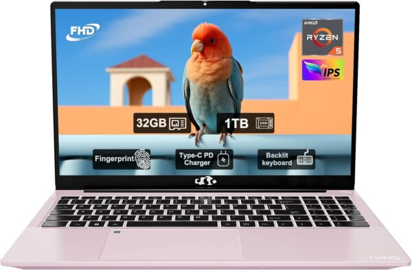 15.6" FHD IPS Business Laptop, 32GB RAM 1TB SSD, AMD Ryzen 5(Beat i3-1215U, 4 Cores Up to 3.7GHz), 65W Type-C, 2 Years Warranty, Fingerprint, Backlit Keyboard, Wi-Fi 5, BT5.2, Numpad, Rose Gold - Image 2