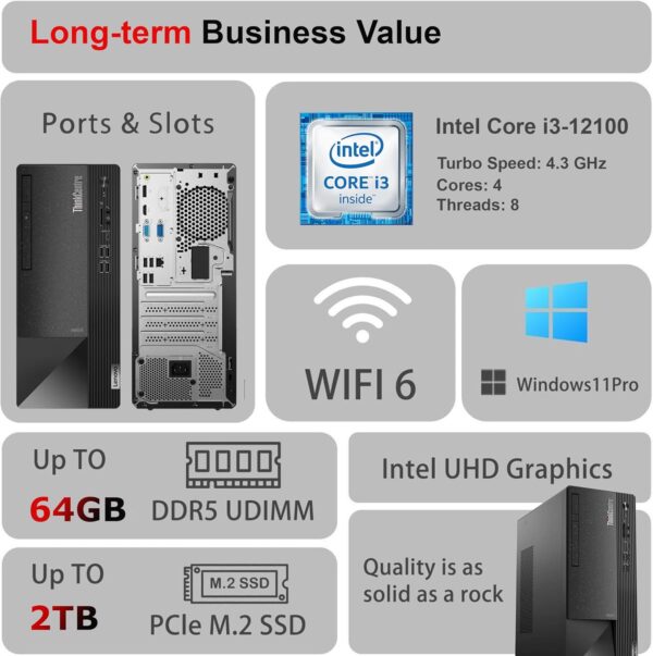 Lenovo ThinkCentre Business Desktop| Intel Quad-Core Processor | 64GB RAM | 1TB SSD & 1TB HDD | Support Upto 3 Monitors | HDMI & USB-C | Ethernet | Wi-Fi | Bluetooth | Keyboard & Mouse| Windows 11 Pro - Image 3