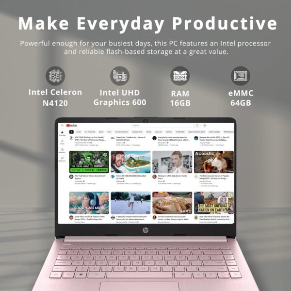 HP Stream 14" HD BrightView Laptop, Intel Celeron N4120 Processor, 16GB RAM, 64GB SSD, Intel UHD Graphics, 720p Webcam, WiFi, HDMI, Win 11 S, Pink (Renewed) - Image 3