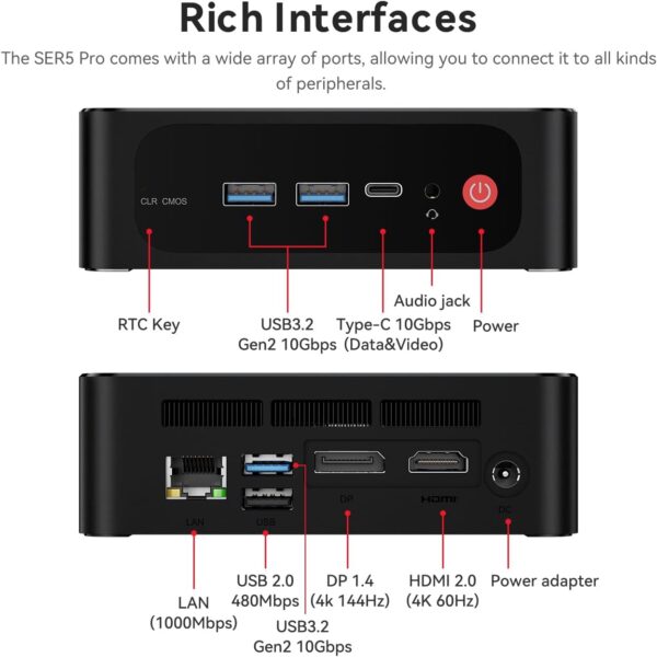 Beelink Mini PC AMD Ryzen 7 Pro 5850U (8C/16T, Up to 4.4Ghz), 16GB DDR4 RAM 500GB NVMe SSD, SER5 Pro Mini Desktop Computer Support 4K@144Hz/Triple Display/WiFi6/BT5.2/HDMI+DP/Office/Gaming - Image 7