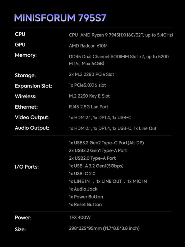 MINISFORUM 795S7 Mini Tower Gaming PC AMD Ryzen9 7945HX (16C/32T) Computer Without RAM/SSD/OS, 2x DDR5 Slots, 2x PCIe4.0 SSD, M.2 2230 Key E Slot, 2.5G Lan, HDMI+DP+USB-C Triple Video Outputs Computer - Image 3