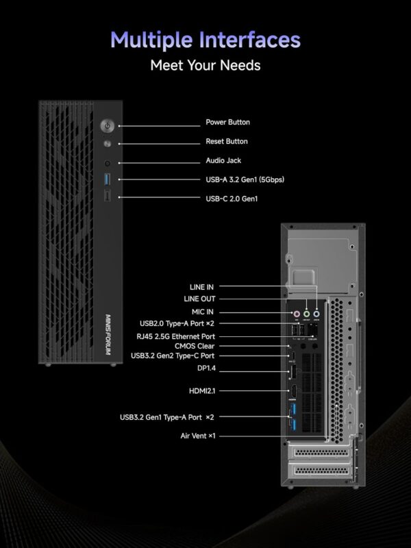 MINISFORUM 795S7 Mini Tower Gaming PC AMD Ryzen9 7945HX (16C/32T) Computer Without RAM/SSD/OS, 2x DDR5 Slots, 2x PCIe4.0 SSD, M.2 2230 Key E Slot, 2.5G Lan, HDMI+DP+USB-C Triple Video Outputs Computer - Image 8