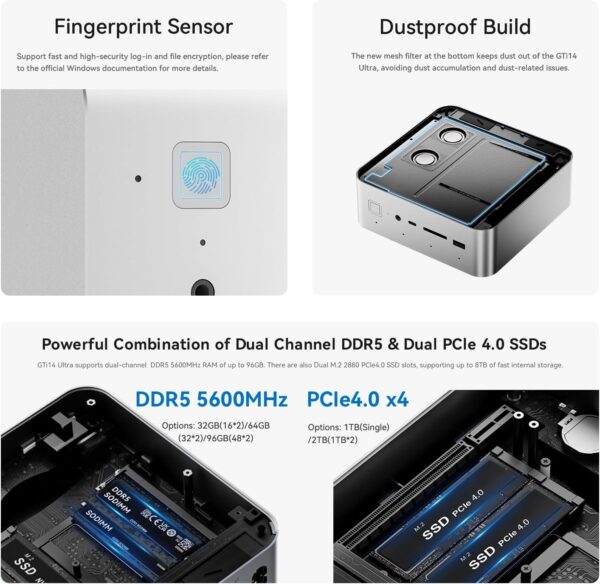 Beelink GTi14 AI Mini PC,Intel Ultra 9 185H (up to 5.1GHz) 16C/22T,32GB DDR5 5600MHz 1TB PCIe4.0x4 SSD,Mini Computer Support Triple Display/Dual 2.5G LAN/Thunderbolt 4/WiFi7/BT5.4/USB3.2 - Image 5