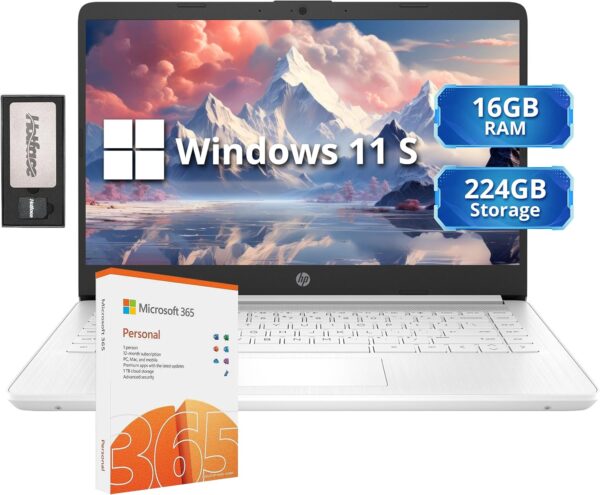 HP Stream 14" HD Lightweight Laptop, Intel Celeron N4120, 16GB RAM, 224GB Storage(64GB eMMC + 160GB Docking Station), Intel UHD Graphics, HD Webcam, 1 Year Office 365, WiFi, Bluetooth, Win 11s, White - Image 2