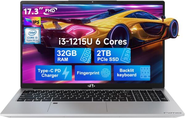 NIMO 17.3 FHD IPS Business Laptop, 6 cores 12th Intel i3-1215U(up to 3.4 GHz), 32GB RAM, 2TB SSD, 65W Type C, Backlit Keyboard, Fingerprint, 2 Years Warranty, WiFi 6, Win 11 - Image 2