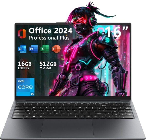 TPV 16" Windows 11 Pro Laptop (Intel Core i5, 16GB RAM, 512GB SSD) MS Office 2024, IPS Display, Business Notebook Computer with USB C BT5.0 Dual Band Wi-Fi, RJ45, HDMI, Backlit Keyboard, Gray - Image 2