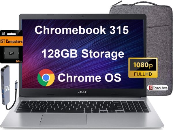 acer Chromebook 315 15.6" FHD (Intel Celeron N4500, 4GB RAM, 128GB Storage (64GB eMMC + 64GB IST SD Card) Home & Student Laptop, Long Battery Life, Wi-Fi, Webcam, IST Hub, Chrome OS, Silver - Image 2