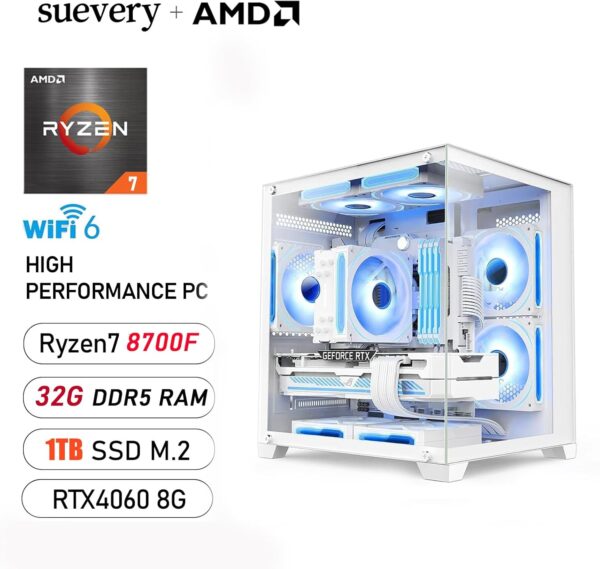 Pre Built Gaming PC AMD Ryzen7 8700F(8Core 16Threads Up to 5.0G) 32G DDR5 6000Mhz Nvme 1TB SSD RTX 4060 8G WiFi 6 Desktop Computers White - Image 3