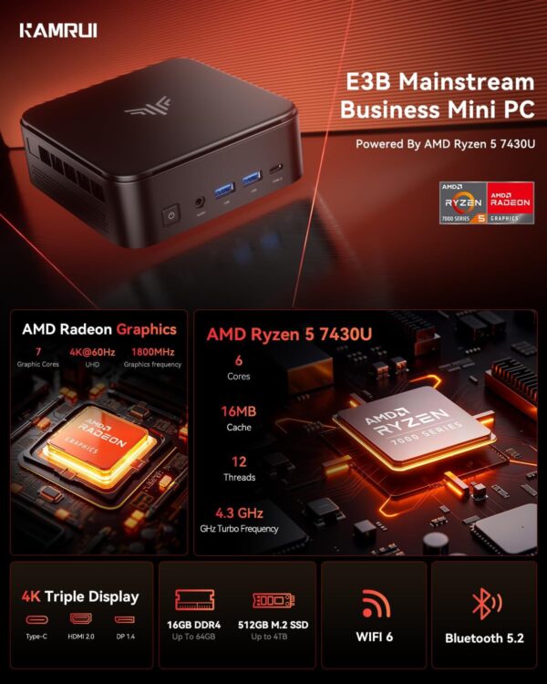 KAMRUI Mini Gaming PC, E3B 16GB RAM 512GB SSD Mini PC AMD Ryzen 5 7430U Micro Desktop Computers (Max 4.3GHz,6C/12T, Beat 5650U), Small Computer Support WiFi 6, BT5.2, Triple Display for Office Home - Image 3