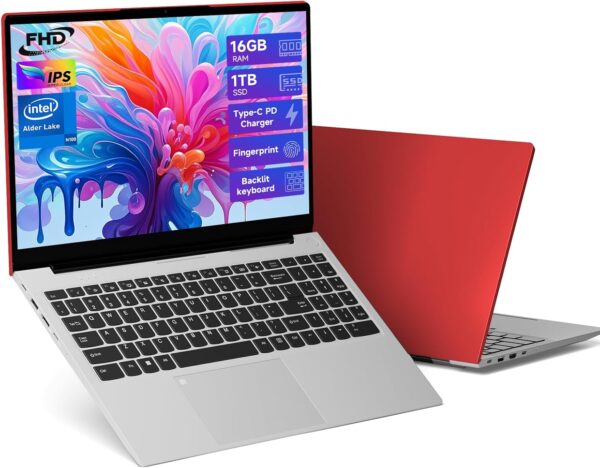 15.6" Business-Student-Laptop, 16GB RAM 1TB SSD Intel Pentium N100 Processor (Max 3.4GHz), WiFi 6 BT5.2 Backlit Keyboard Fingerprint Fast Charging Windows 11 Laptop-Computer, 2 Years Support, Red - Image 2