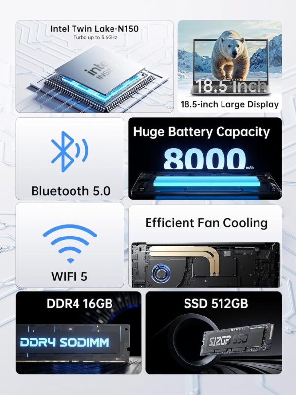 18.5"Laptop Computer with Windows 11 PRO,8000 mAh Battery,Intel N150 Quad-Core Processor UP to 3.6GHZ,16GB DDR4 RAM 512GB SSD,WiFi 5,Full HD IPS Display,2025 Laptops for Work Business Office Student - Image 3