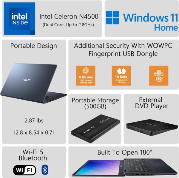 ASUS 14" FHD Laptop, Intel Celeron N4500 Processor, Windows 11 Home, MS Office 365, 4GB RAM, 564GB Storage (500GB External Drive + 64GB eMMC), with WOWPC External DVD & Fingerprint Reader - Image 3