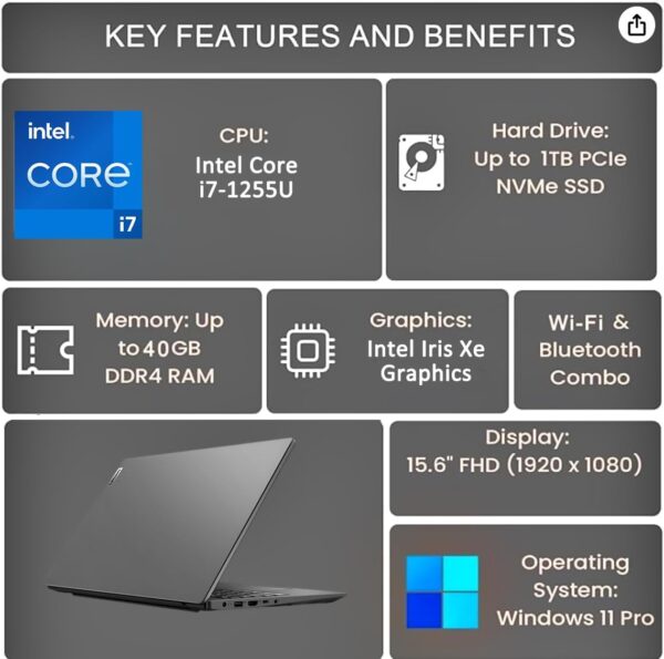 Lenovo Laptop V15 for Business, Home, Student (15.6" FHD Anti-Glare, Intel i7-1255U, 40GB RAM, 1TB SSD), Numeric Keypad, Webcam w/Shutter, Type-C, RJ-45, Wi-Fi, Win 11 Pro w/AI Copilot, Grey - Image 3