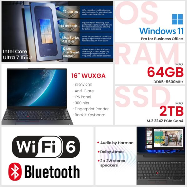 Lenovo ThinkPad E16 AI-Optimized Business Laptop, 16" FHD+, Intel Core Ultra 7 155U, 64GB DDR5 RAM, 2TB SSD, Fingerprint, Backlit, HDMI, Wi-Fi 6, Windows 11 Pro, Bundle with Targus Docking Station - Image 3