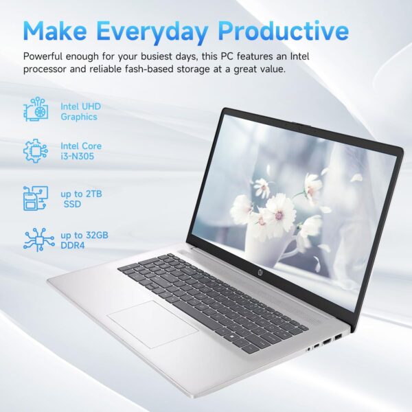 HP 17.3" Touchscreen Laptop, Intel Core i3-N305, 32GB RAM, 128GB eMMC + 2TB SSD, Numeric Keypad, Webcam, HDMI, Wi-Fi 6, Windows 11 Pro, Silver - Image 3