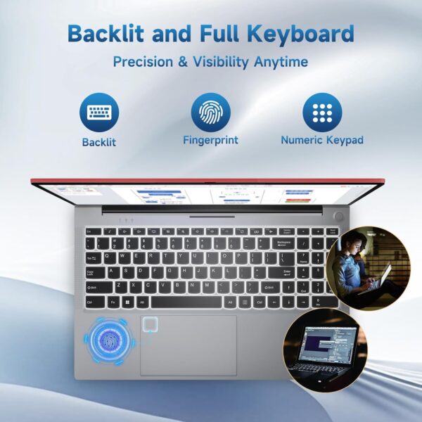 15.6" Business-Student-Laptop, 16GB RAM 1TB SSD Intel Pentium N100 Processor (Max 3.4GHz), WiFi 6 BT5.2 Backlit Keyboard Fingerprint Fast Charging Windows 11 Laptop-Computer, 2 Years Support, Red - Image 6