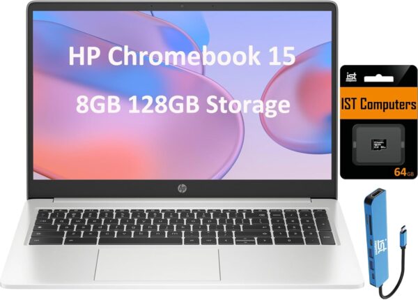 HP Chromebook 15 15.6" HD (Intel Pentium N6000, 8GB RAM, 128GB Storage (64GB eMMc + 64GB SD Card), UHD Graphics, Numeric KB) Home & Student Laptop, Anti-Glare, Webcam, Wi-Fi, Chrome OS, Silver - Image 2