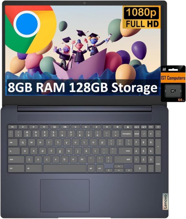 Lenovo Chromebook 15 (15.6" FHD, 8GB RAM, 128GB Storage (64GB eMMC + 64GB SD Card), 2TB Cloud Storage, Intel Celeron), Home & Student Laptop, Webcam, 10-Hr Long Battery Life, Wi-Fi 6, Chrome OS - Image 2