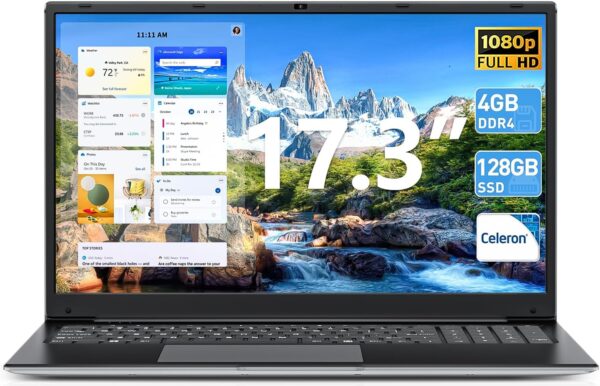 Naclud Laptops with Win 11, 17.3 Inch Laptop Computer with Celeron Processor, 4GB DDR4 128GB SSD Notebooks, Expandable 1TB, FHD IPS Screen, Type-C, WiFi 5, Webcam, HDMI, USB3.2 - Image 2